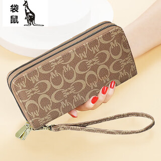Kangaroo (kangaroo) women's long wallet 2024 new european and american large capacity double zipper mobile phone bag mother clutch bag cm light coffee