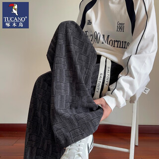 Woodpecker casual pants men's 2025 autumn new american retro plaid heavy pants loose straight wide leg sports pants black xl 65kg-75kg