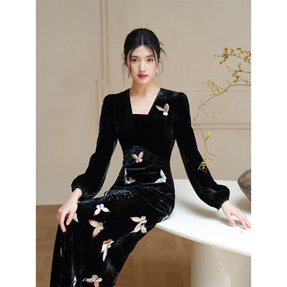 Chuchan clothing new chinese style fishtail dress for women 2025 autumn new style national style high-end square collar elegant temperament velvet dress dress youcai black l ready in stock