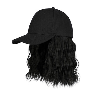 Shijanu hat and wig one-piece fashionable female peaked cap internet celebrity short curly hair full headband short hair with hat real hair black baseball cap + natural black medium hair