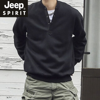 Jeep spirit large size 300jin jin is equal to 0.5 kg large size men's henry collar sweatshirt men's autumn and winter new american trendy brand loose top bottoming shirt black m