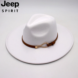 Jeep spirit9.5cm big brim british style hat wide brim european and american jazz hat simple felt hat classic retro woolen hat for men and women white (buckle belt) one size fits all (56-60cm) brim width 9.5cm