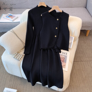 Keyin dress women's suit 2025 autumn and winter new style small fragrance vest jacket bottoming knitted skirt women black two-piece set l recommended 95-115jin jin equals 0.5 kg