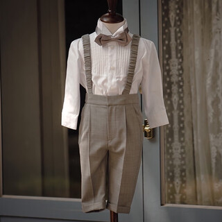 Little flower girl dress boy baby suit first birthday party british style children's overalls suit boys spring and autumn white (long-sleeved shirt + trousers + suspenders + bow tie)_ pure cotton shirt with texture 73 cm