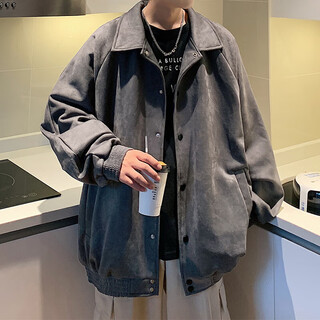 Nasawassup suede jacket men's autumn and winter trendy casual loose versatile top american large size baseball uniform dark gray 2xl recommended 145-160jin jin equals 0.5 kg