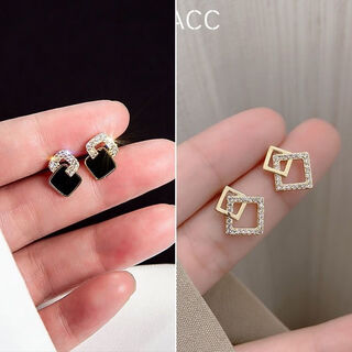 Rsrddy old phoenix 9999 sterling silver black earrings, the same style, new style earrings for women with autumn and winter temperament, niche round faces, silver needles, gold rhinestone earrings + geometric square earrings, two pairs, the same style as lao fengxiang