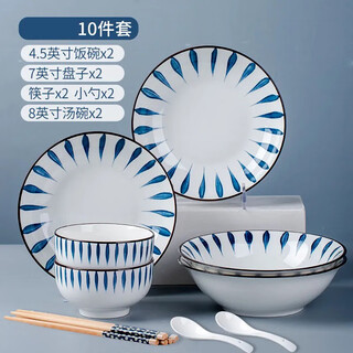 Jinghang bowl and dish set ceramic tableware household bowls and chopsticks bowls and plates kitchen utensils plate combination underglaze color tableware for 2-4 people meteor 2 bowls 2 plates 2 soup bowls 2 spoons 2 chopsticks) 10 heads