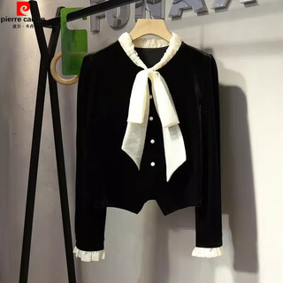 Pierre cardin, маленькая ароматная бабочка во французском стиле, контрастная бархатная рубашка, женская осень и зима, новый темперамент, тонкий топ с пышными рукавами, черный xl