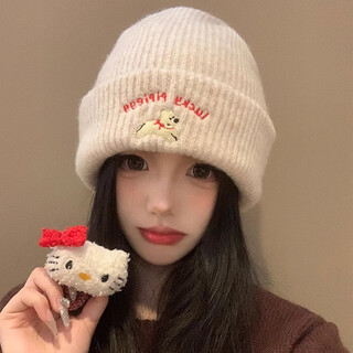 Demi anissa cute puppy embroidered knitted wool hat for women 2025 new autumn and winter face revealing small versatile big head hat beige cute versatile m(56-58cm)