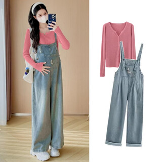 Ranqi mommy maternity wear 2025 autumn new maternity overalls set denim wide leg pants casual age reduction two-piece set blue overalls + pink bottoming (two-piece set) xl