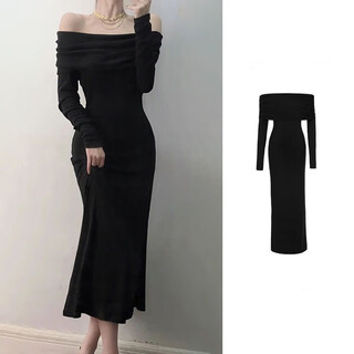Miao yijia one-shoulder slim-fit hip-covering dress black skirt long skirt dress adult pure desire sexy tight temperament hot girl long-sleeved black one-line collar pinch waist royal sister hip-covering long dress xl recommended 90-118 jin jin is equal to 0.5 kg