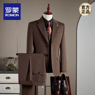 Romon high-end wool suit men's suit business formal wedding dress fashion slim large size groom's suit three-piece suit brown brown suit + trousers xl (125-140jin jin equals 0.5 kg)