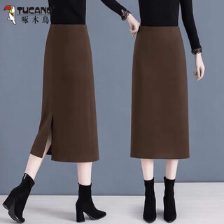 Woodpecker is popular this year's new woolen skirt for women in autumn and winter. high-waisted slimming one-step skirt with slits, mid-length hip skirt, brown plus double pockets without zippers, thick xl. recommended 110-125 jin jin is equal to 0.5 kg