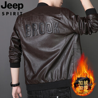 Jeep spirit jeep leather jacket men's autumn and winter brand fashion loose jacket baseball uniform leather jacket velvet thickened from 82119 brown plus velvet l