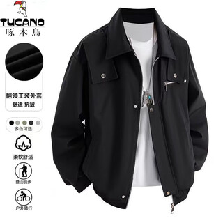 Woodpecker jacket men's autumn and winter trendy american loose workwear flight jacket men's lapel versatile casual top black xl