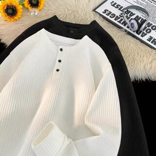 Shannu long-sleeved t-shirt men's autumn and winter cleanfit textured inner layer henry collar loose sweater bottoming shirt ht25079 white xl