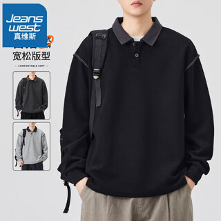 Jeanswest henry collar sweatshirt men's 2025 autumn new loose spring and autumn spliced lapel men's long sleeve plol shirt jacket 9605 black l 120-140jin jin equals 0.5 kg