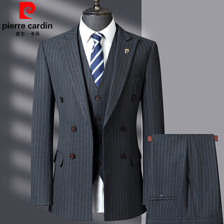 Pierre cardin french haute couture striped suit suit for men, high-end double-breasted middle-aged business suit, three-piece wedding dress, gray l size 175, it is recommended that 125 jin jin equals 0.5 kg -135 jin jin equals 0.5 kg