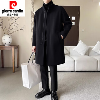 Pierre cardin autumn and winter 2026 new men's mid-length woolen windbreaker trendy stand-up collar mature and stable woolen coat jacket black regular m