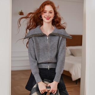 Bailuyu large lapel beaded webbing knitted cardigan 25 autumn and winter new fashion double zipper sweater for women gray l