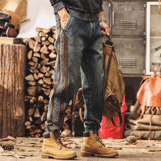 Jay leno american retro jeans for men in spring and autumn, new trendy brand anklet splicing, harem overalls, men's loose casual pants, nostalgic blue 2xl, suitable for 160-180jin jin is equal to 0.5 kg