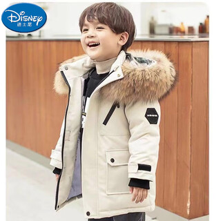 Disney boys' down cotton padded coat thickened parka coat 2025 autumn and winter coat children's hooded large fur collar padded coat off-white 110 cm