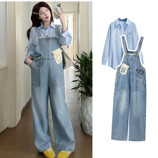 Ran qiqi maternity autumn suit lazy style 2025 new cartoon embroidered denim overalls plaid shirt two-piece autumn blue top + overalls (set) l