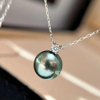 Handi natural seawater tahitian black pearl peacock green princess pendant 18k gold highlight round pearl necklace 9-10mm peacock green