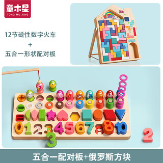 Tong jupiter children's fishing toys 1 to 3 years old baby gift boys and girls intellectual toys development brain early education 5-in-1 + tetris wooden toys