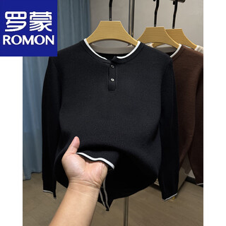 Romon two-button henry collar sweater men's autumn and winter trendy long-sleeved bottoming shirt men's fake two-piece sweater black l 170