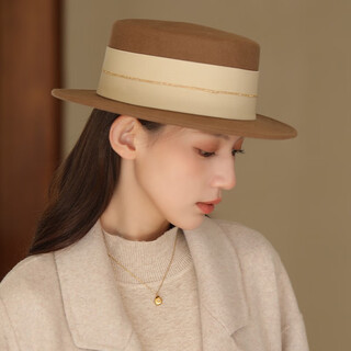 香雪羽秀法式名媛羊毛呢礼帽女秋冬季优雅百搭毡帽赫本时尚简约平顶帽子女 驼色