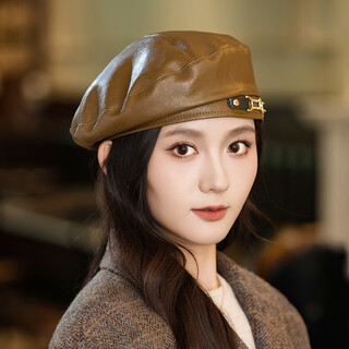 Jimmy leaf autumn and winter hat women's new sweet cool style chain beret versatile retro leather painter hat outdoor leisure windproof coffee one size head circumference 55-8cm