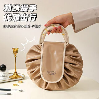 懒人防水化妆收纳包旅行大容量ins收纳袋抽绳便携新款收纳洗漱包 时尚方便撞色化妆包-百搭咖色