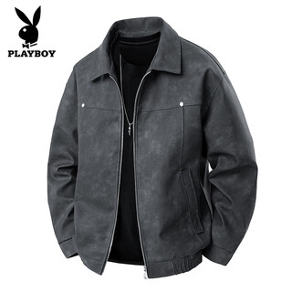 Playboy (playboy) leather jacket men's autumn and winter american retro handsome high-end lapel casual versatile leather jacket for men py2516 dark gray l recommended 110-125 jin jin equals 0.5 kg