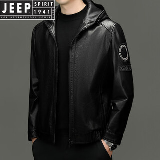 Jeep spirit2025 spring and autumn first layer genuine cowhide hooded jacket motorcycle casual trendy leather jacket short oil wax embroidered model black m 170 suitable for 110-135 jin jin equals 0.5 kg