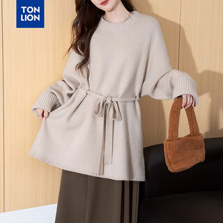 Tonlion women's new autumn and winter loose solid color pullover jacket temperament-style belt design long pullover apricot gray s