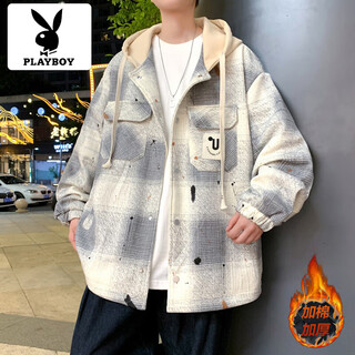 Playboy autumn and winter youth thickened jacket boys trendy handsome junior and high school students warm hooded jacket beige cotton xl