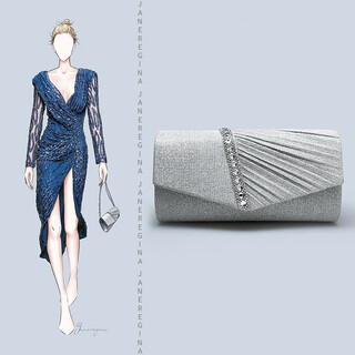 Jane regina high-end evening dress small clutch silver banquet clutch bag women's diamond pleated bag with cheongsam clutch bag light gray thick long chain + slender chain