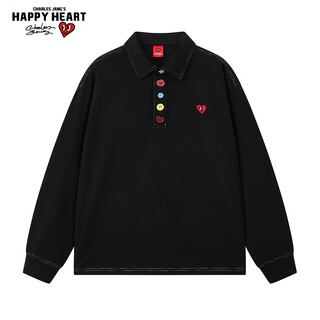 Charles heart long sleeve t-shirt for men and women spring and autumn american lapel cotton sweater polo shirt style couple top black xl