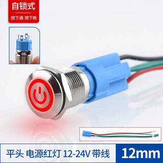 Zave metal button switch 12mm flat head power red light 12-24v with wire self-locking