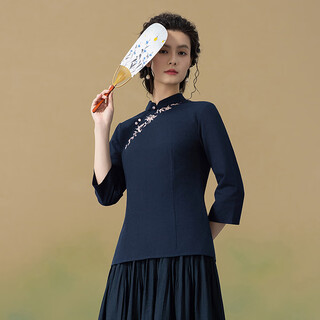 Living on the left 2025 autumn new product 100% cotton embroidered national style shirt for women navy blue l