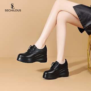 Sechilouis fashion thick-soled small leather shoes for women 2024 spring and autumn new women's shoes wedge heels high heels round toe deep mouth single shoes black 37 235mm