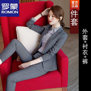 Luo meng suit jacket women's 2024 new professional commuting formal small suit suit women's high-end suit temperament three-piece set gray suit + gray striped shirt + pants m
