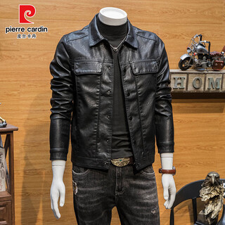 Pierre cardin haining leather jacket men's spring and autumn 2025 new fashion slim short casual pu stand collar leather jacket coat black xl