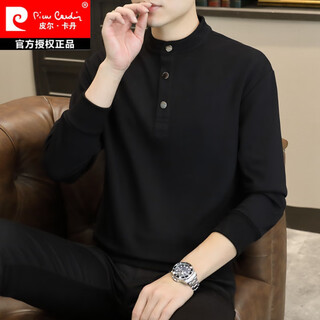 Pierre cardin stand collar sweatshirt men's spring and autumn trendy henry collar polo shirt trendy brand casual men's pullover long-sleeved bottoming shirt wy2288 black style regular xl