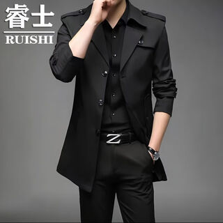 品牌断码韩版中长款风衣男薄款2023秋冬新款中年英伦风男士外套潮 黑色【布风衣】薄款 2XL (185) 2XL【145-160斤穿】