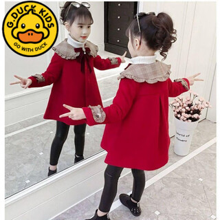 G.duckkids girls' woolen coat 2023 new medium-length autumn and winter style trendy korean version thickened medium and large children's style woolen coat red woolen coat 120 cm suitable for heights of about 110cm