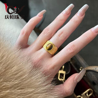 Qingyi gold tiger eye stone ring women's new 999 pure gold wide version ring ring old money style chinese valentine's day gift for girlfriend 22 ring size gold about 3.5g-3.6g