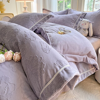 Mercury series a type 230g milk velvet coral velvet bed four-piece set 6d carved velvet winter bedding flannel thickened quilt cover 1 yunshang-grey purple 1.8m bed sheet four-piece set