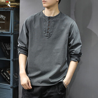 Woodpecker (tucano) american trendy retro henry collar long-sleeved t-shirt men's spring and autumn new spring loose casual sweatshirt bottoming shirt ins gray m